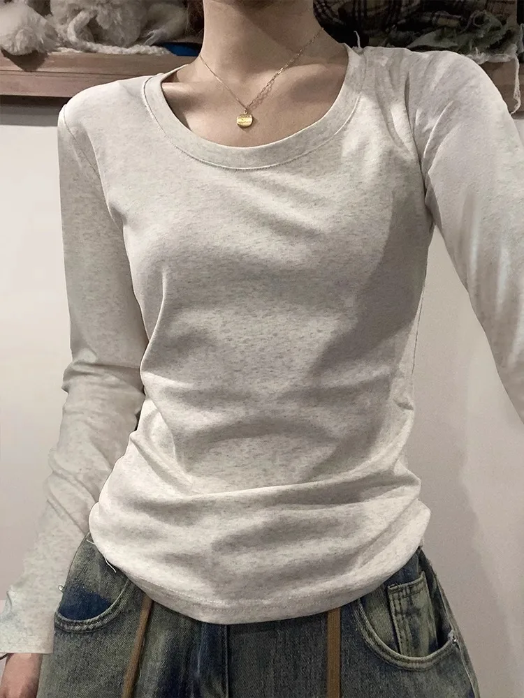 

U Neck Long Sleeve T-Shirt Women Autumn Winter New Cotton Slim Casual Top Basic Solid Bottom Shirts Korean