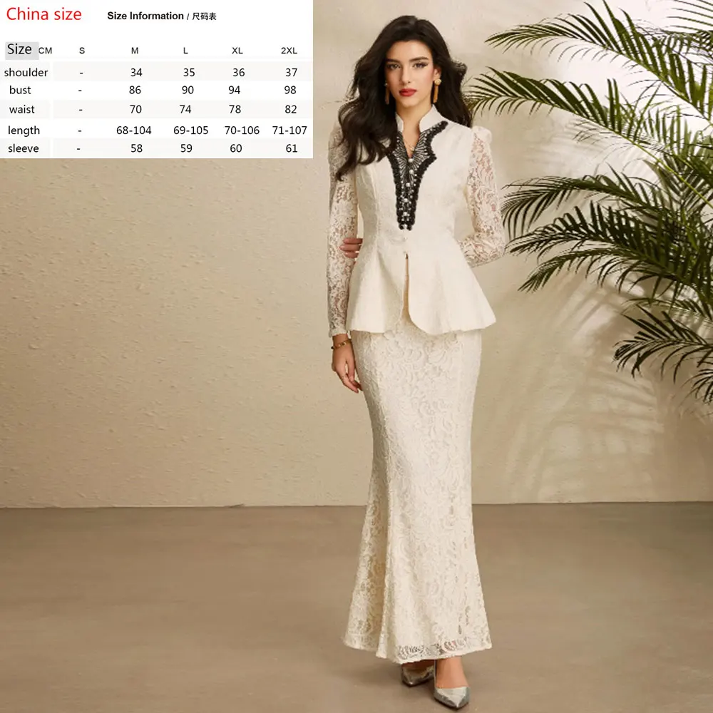 Women Elegant Lace Embroidery Two Piece Set Sequin Beaded Long Sleeve Top High Waist Bodycon Mermaid Maxi Skirt Evening Outfit