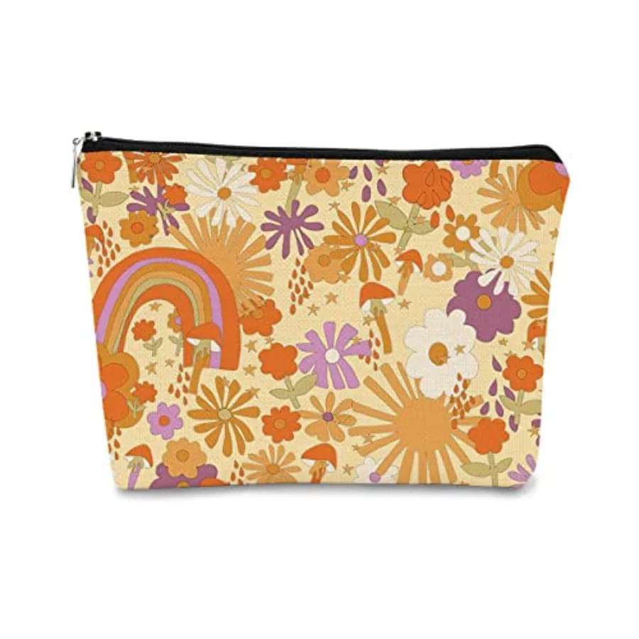 Bolsa de Maquillaje para Mujer, Regalo, Estilo Retro Años 60 y 70, Flores Hippies, Arcoíris, Bolsa de Cosméticos Floral Vintage, la Mejor Idea de Regalo para Adolescentes