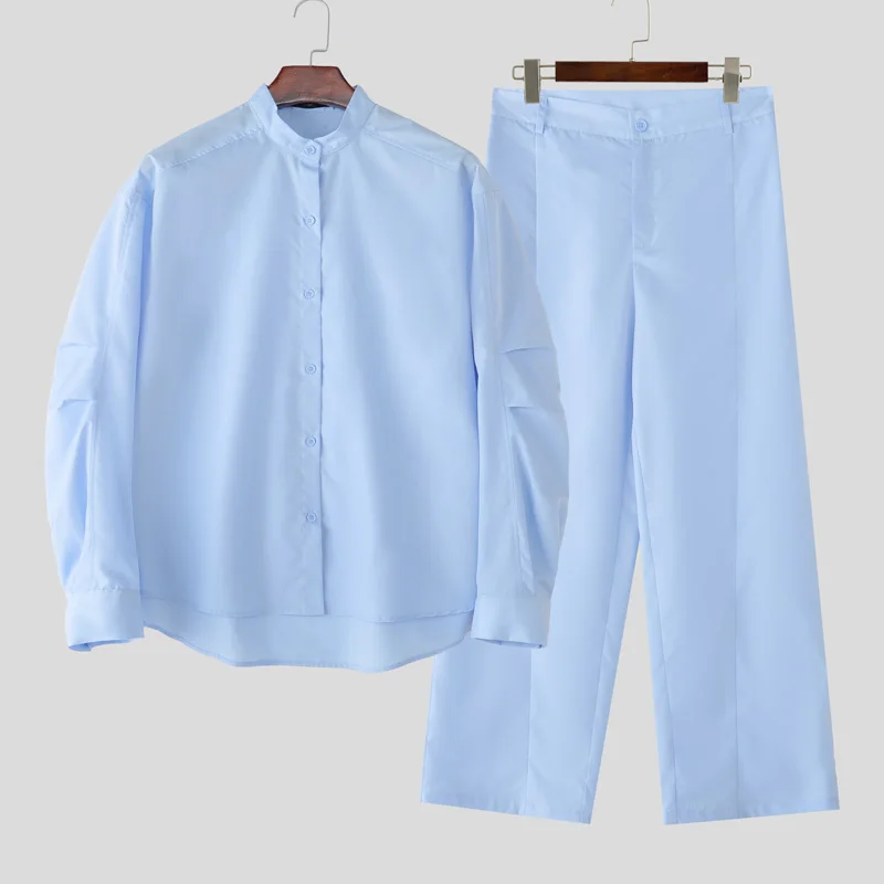 INCERUN Мужские комплекты, однотонная рубашка с длинным рукавом и брюки, комплекты из двух предметов, уличная одежда, свободные модные повседневные мужские костюмы 2025 года-5XL