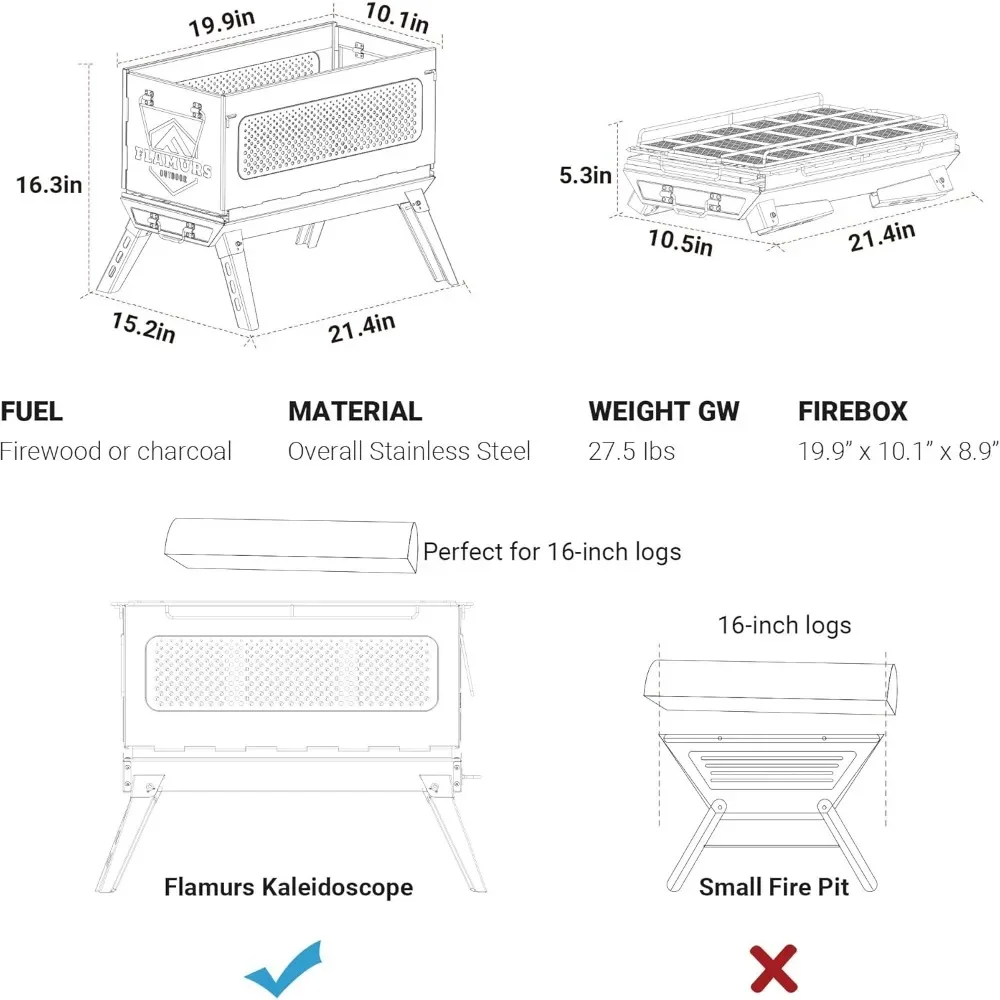 Portable 20-Inch Stainless Steel Outdoor Fire Pit with Grill and Removable Ash Pan