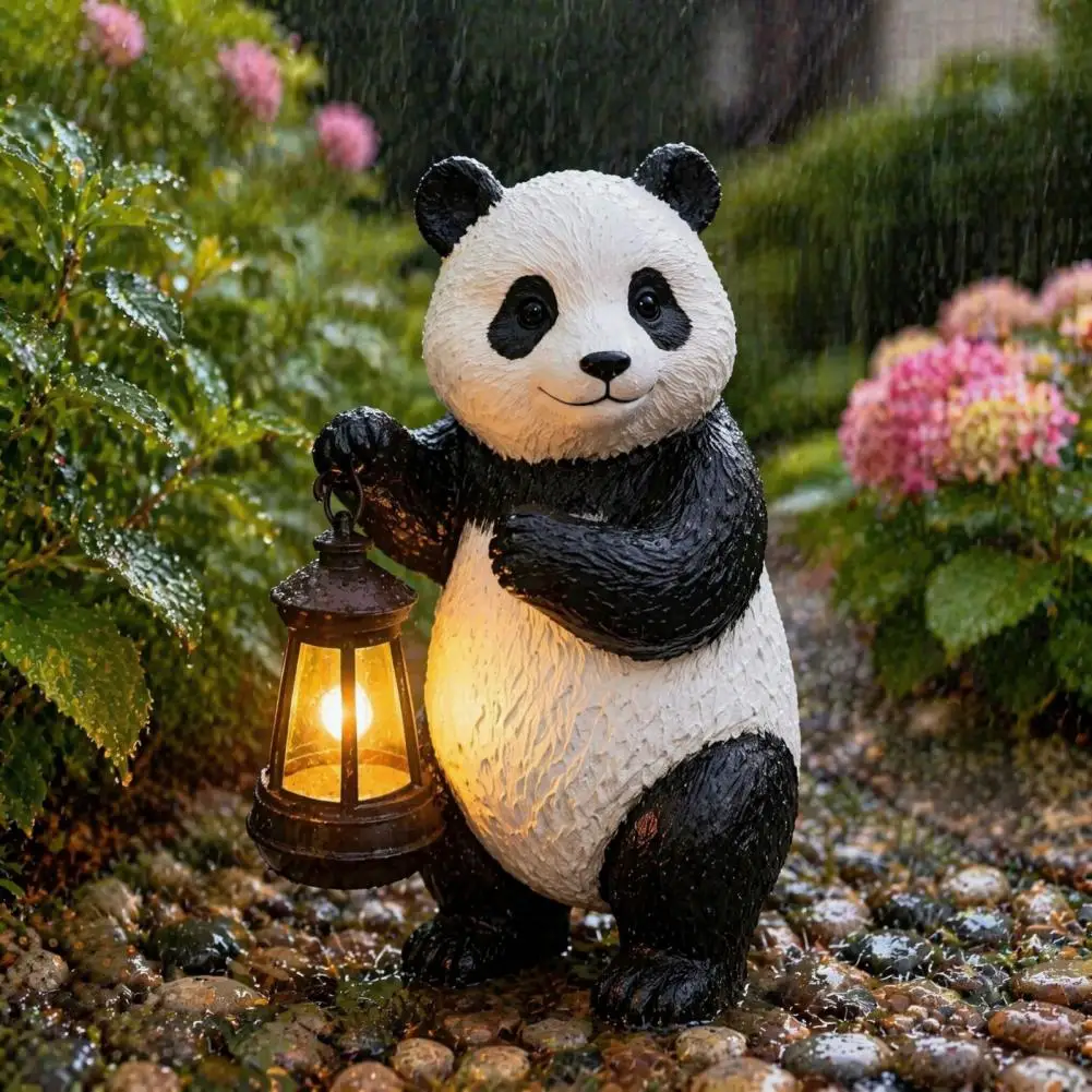 Panda Shape Night Light Garden Panda Statue with Solar Lantern Waterproof Resin Sculpture Cute Solar Light for Lawn Patio Yard