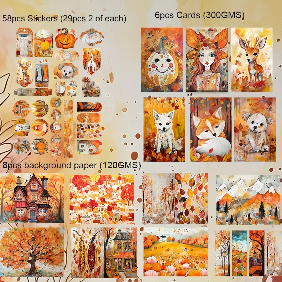 JAIIMAN70pcs Card and Sticker set Autumn for Fall Season, with Pumpkin, Feild Patterns for Holiday Party Flag DIY,Greeting Card