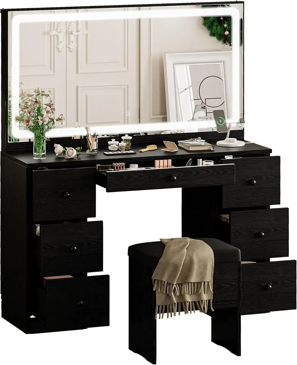 NEW Vanity Makeup Desk Set with LED Lighted Mirror & Power Outlet, 7 Drawers Bedroom Vanities Table with Stool,Black USA