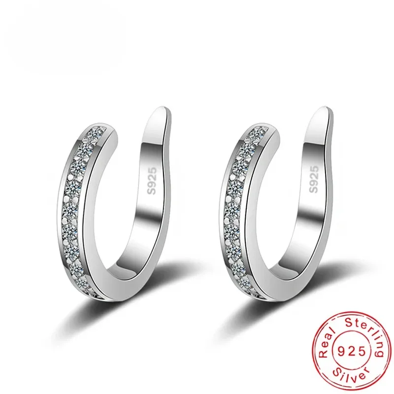 

New Fashion Fine Zircon 925 Sterling Silver C Type Clip Earrings Punk Rock Unisexual Rhinestone No Hole Ear Clip Earring Jewelry