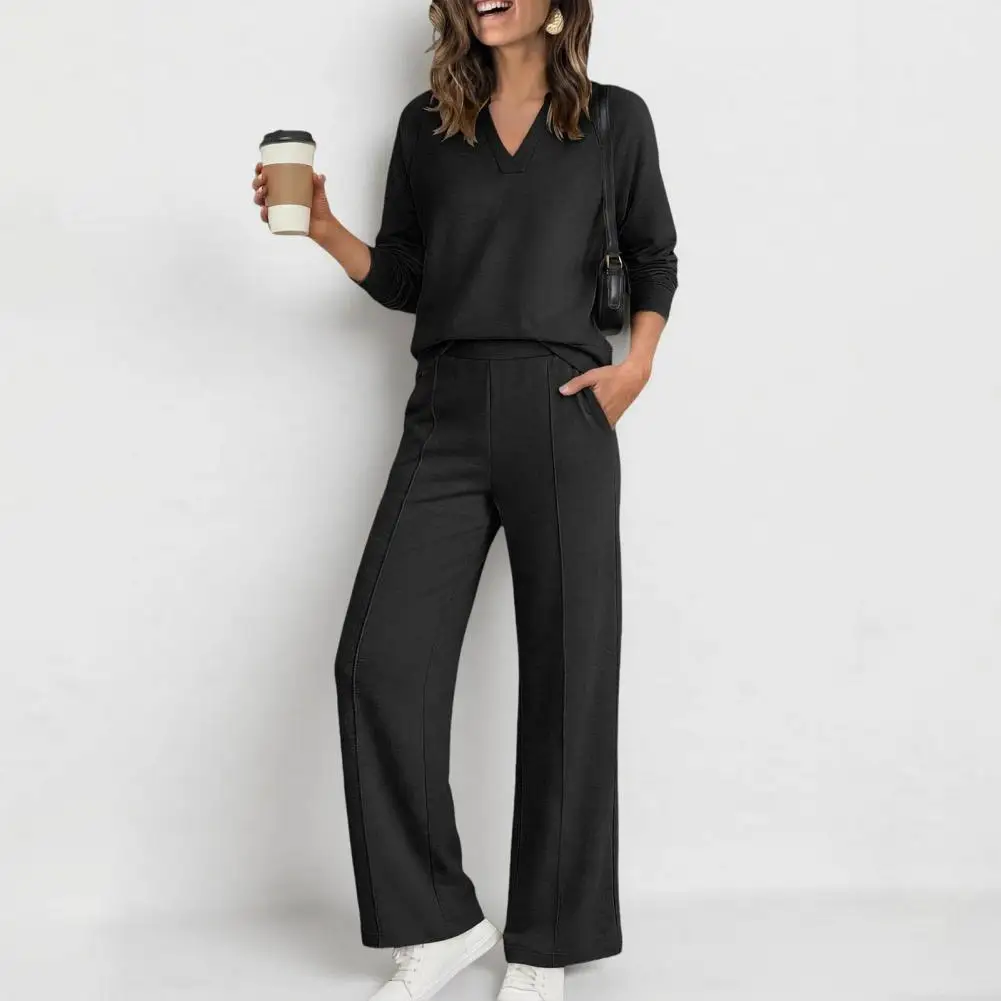 Women Sweatshirt Pants 2-Piece Set V-Neck Long Sleeve Top & Wide Leg Trousers with Elastic Waist Solid Color Matching Lounge Set