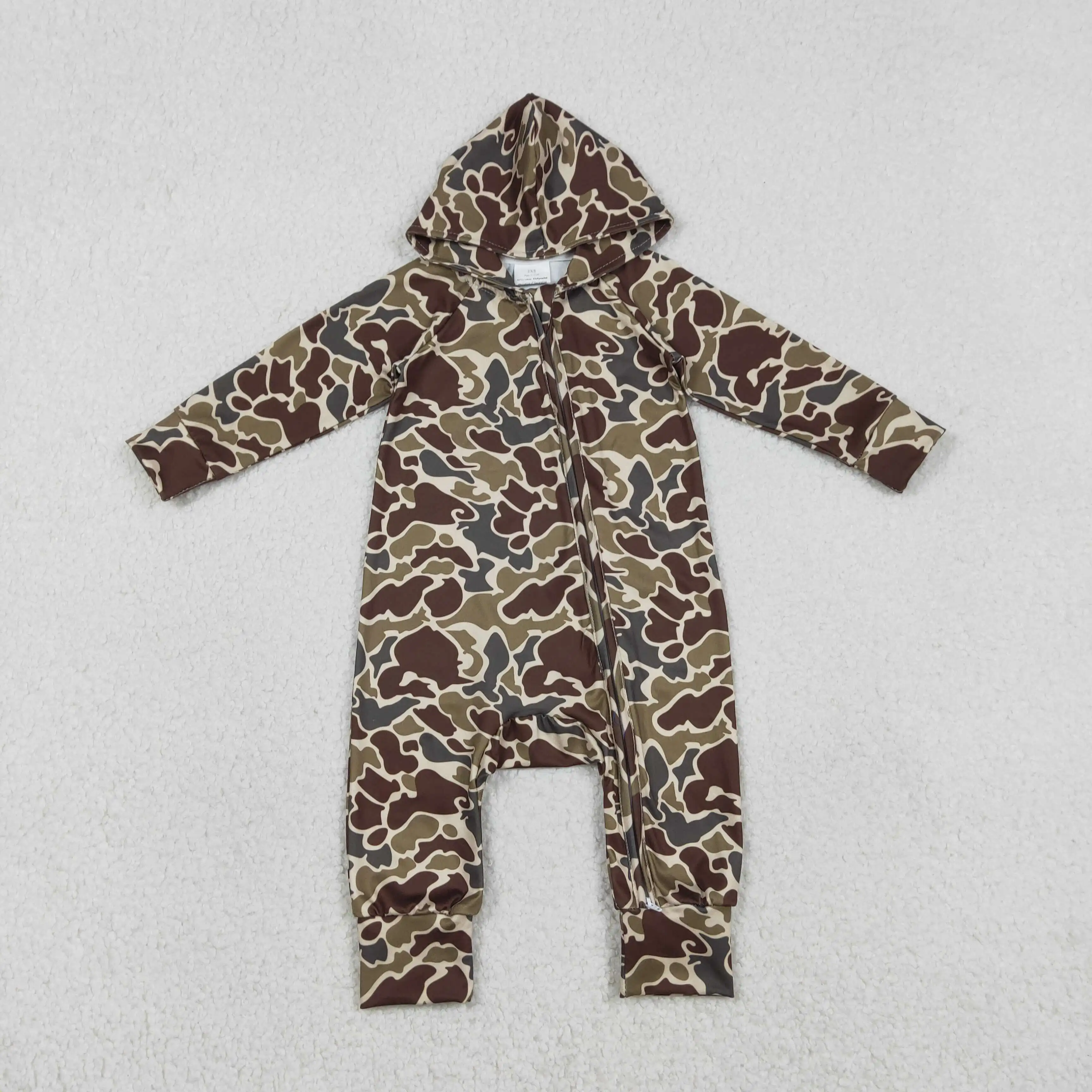 

NEW RTS Baby Boys Southern Dark Brown Camo Hoodie Two Way Zip Convertible Rompers