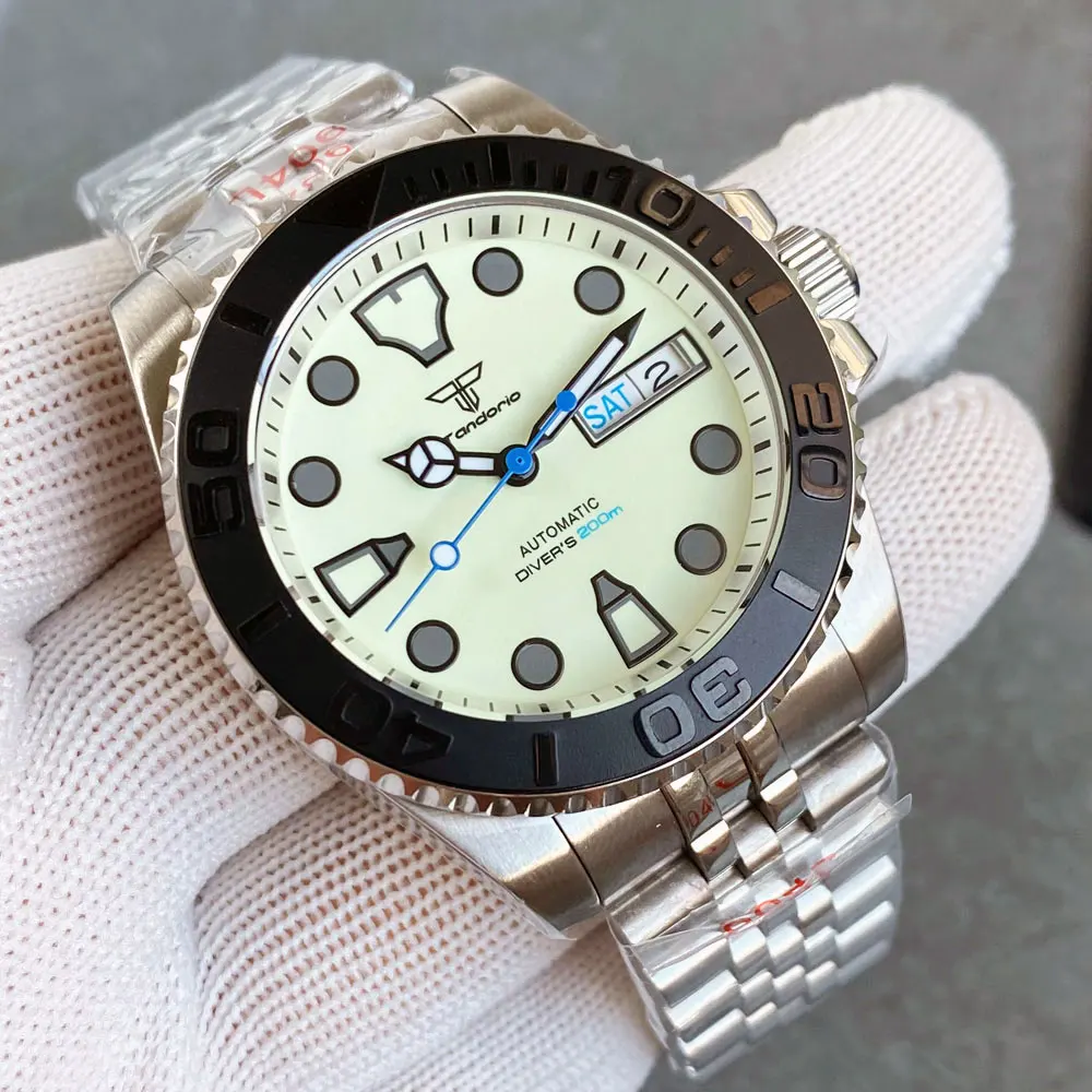 Tandorio 40mm Full Luminous NH36 Dive Mechanical Men Watch Day Date Window Brushed Case Beige Dial Cute Cartoon Indexes