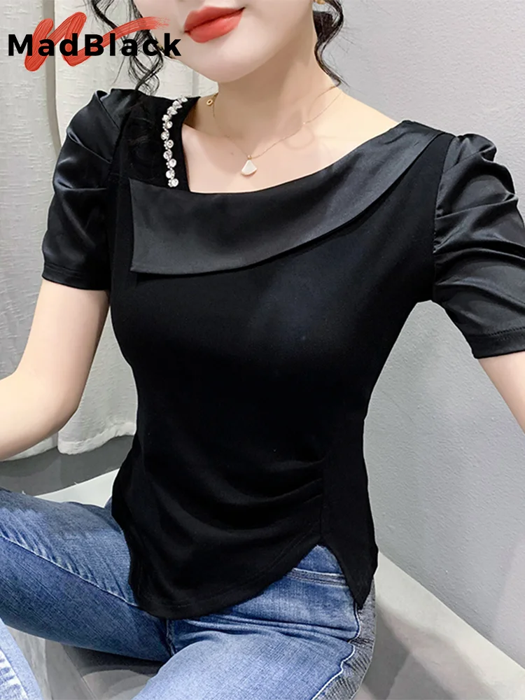 MadBlack Summer Clothes Tshirts Women Sexy Slant Collar Beaded Slim Cotton Tops Puff Sleeve Tees New 2023 Vintage T35773M