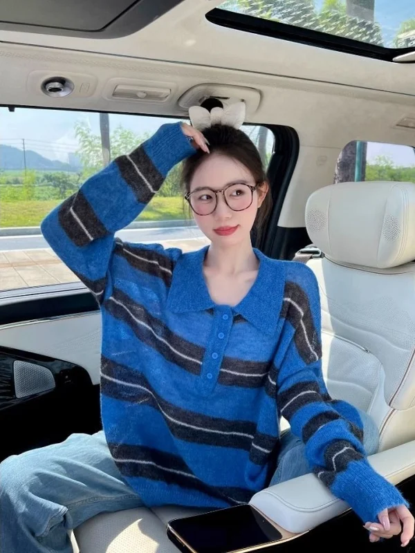 

Extra Large 300 Pou Blue Bla Striped Ne Knitted Sweater Women Spring Autumn Versatile Loose Soft Cozy Sweater Jaet