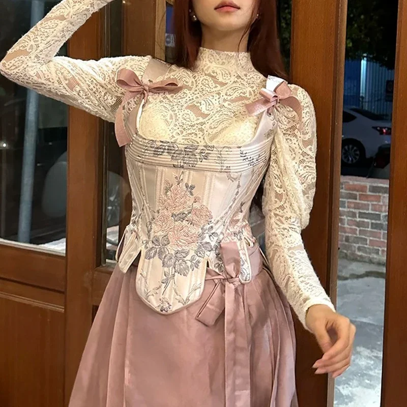 

Blue Embroidered Peony Flowers Retro Short Overbust Corset Plastic Bones Crop Cami Top High Quality Vintage Corselet