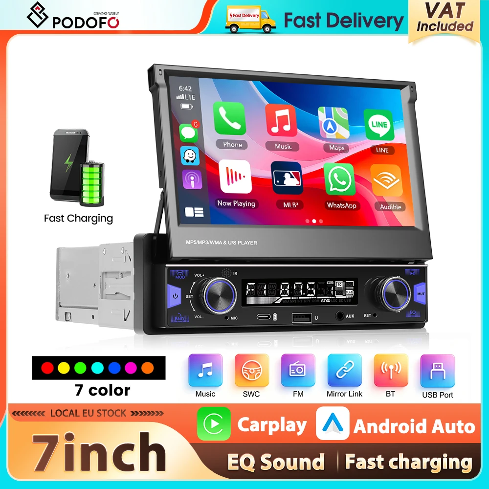Podofo 7'' 1Din MP5-Player Kabelloses Carplay Android Auto Ausfahrbarer Bildschirm Multimedia-Player FM/AM/RDS BT Typ-C EQ Autoradio