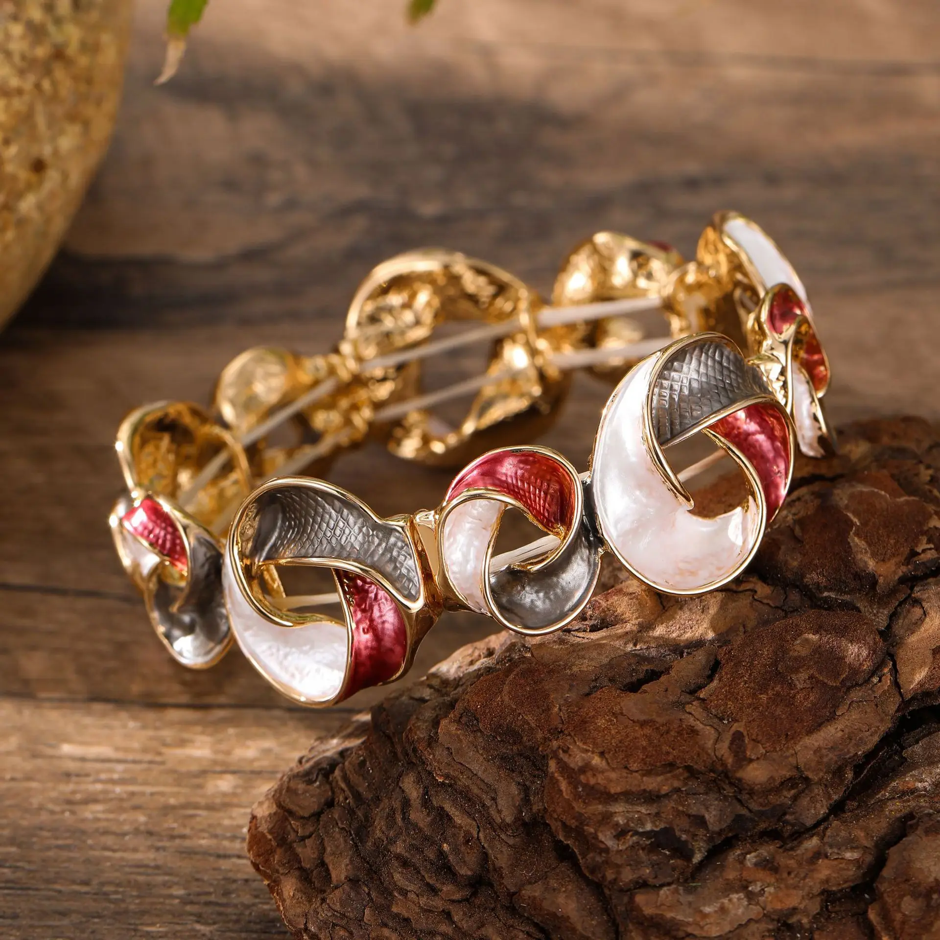 DIY accessories enamel color hollow flower elastic bracelet women's entrepreneurial design geometric line petal bracelet