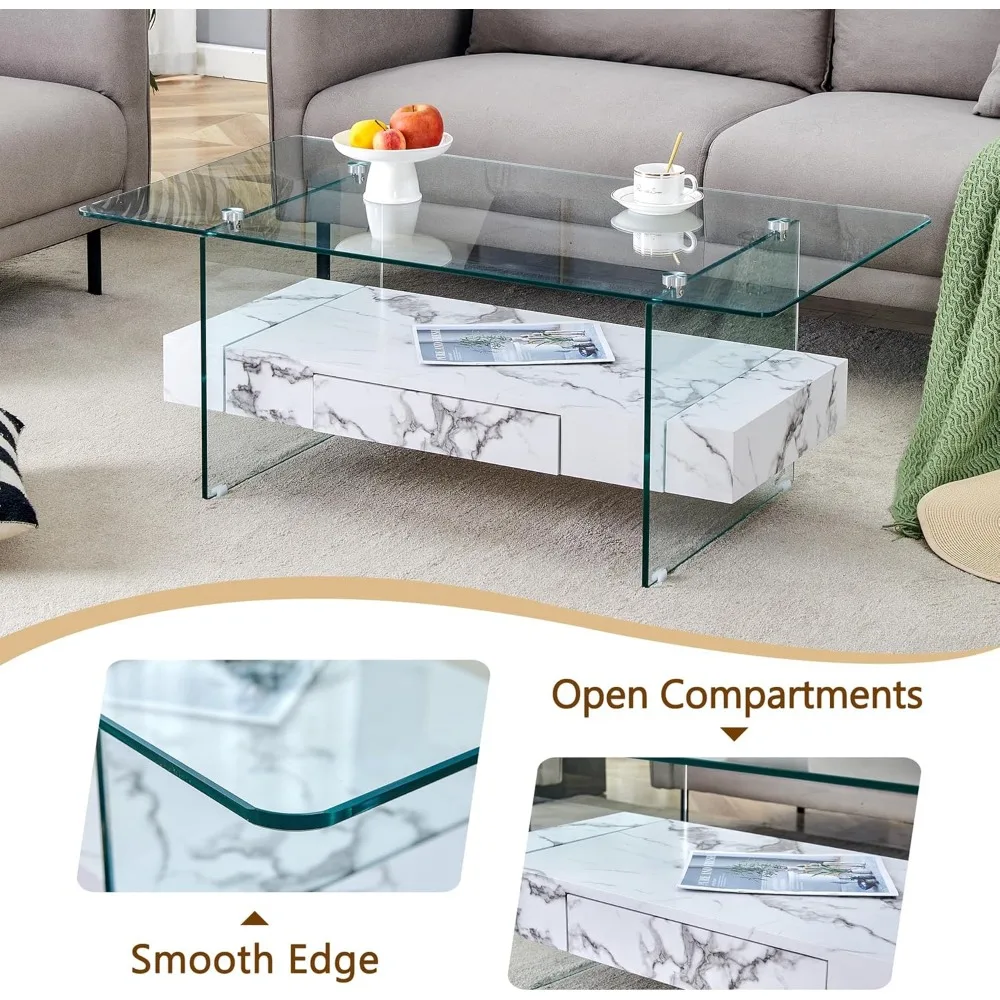 Mesa de centro de vidro para sala de estar, mesa de centro retangular branca com armazenamento, mesa central moderna de 2 camadas de 43,3 polegadas com mármore