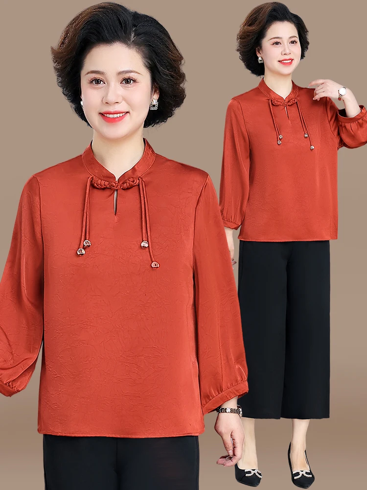 

Элегантная шифоновая рубашка для мам в новом китайском стиле, модный национальный тренд, для женщин среднего и старшего возраста, весенне-летний комплект.