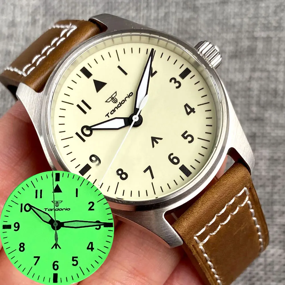 Tandorio 39mm Pilot 20Bar Automatic Watch Men Full Green Luminous Beige Dial NH35A PT5000 Miyota Sapphire Screw Crown Leather