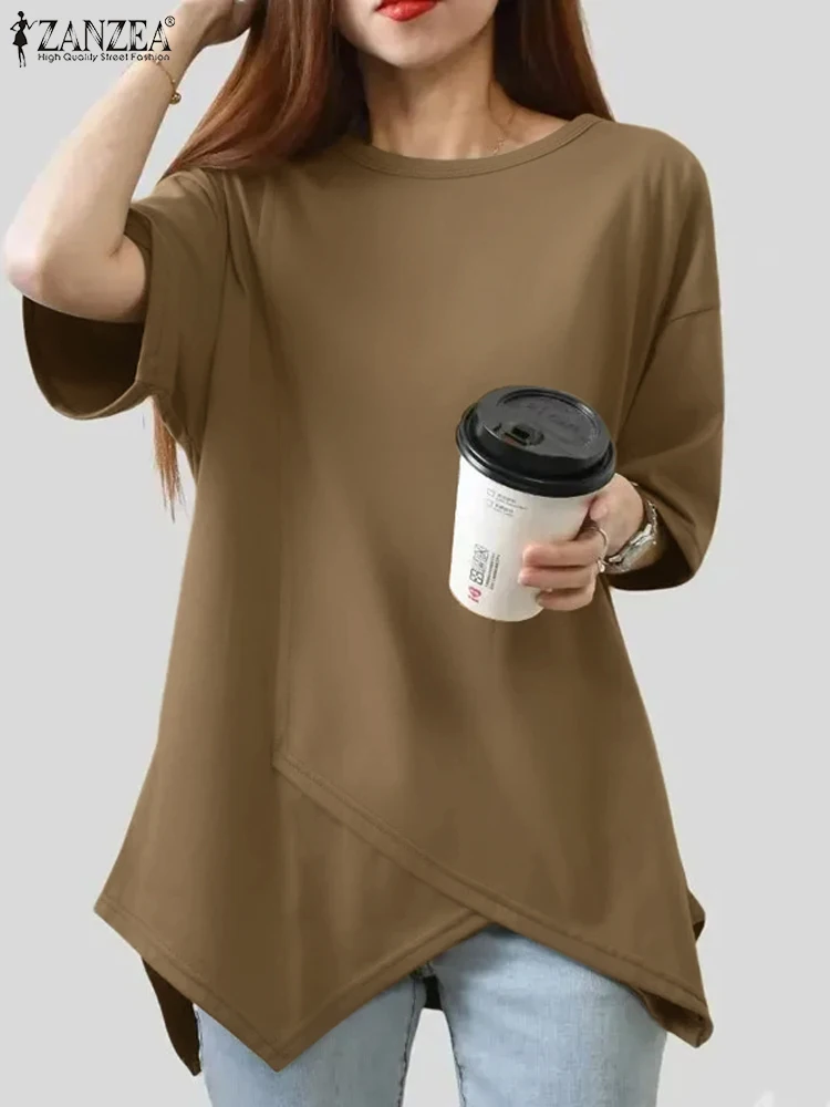 ZANZEA Women Asymmetrical Simple Tops 2024 Summer Short Sleeve Tees Fashion Round Neck Tunics Casual Loose Solid Knitted T Shirt