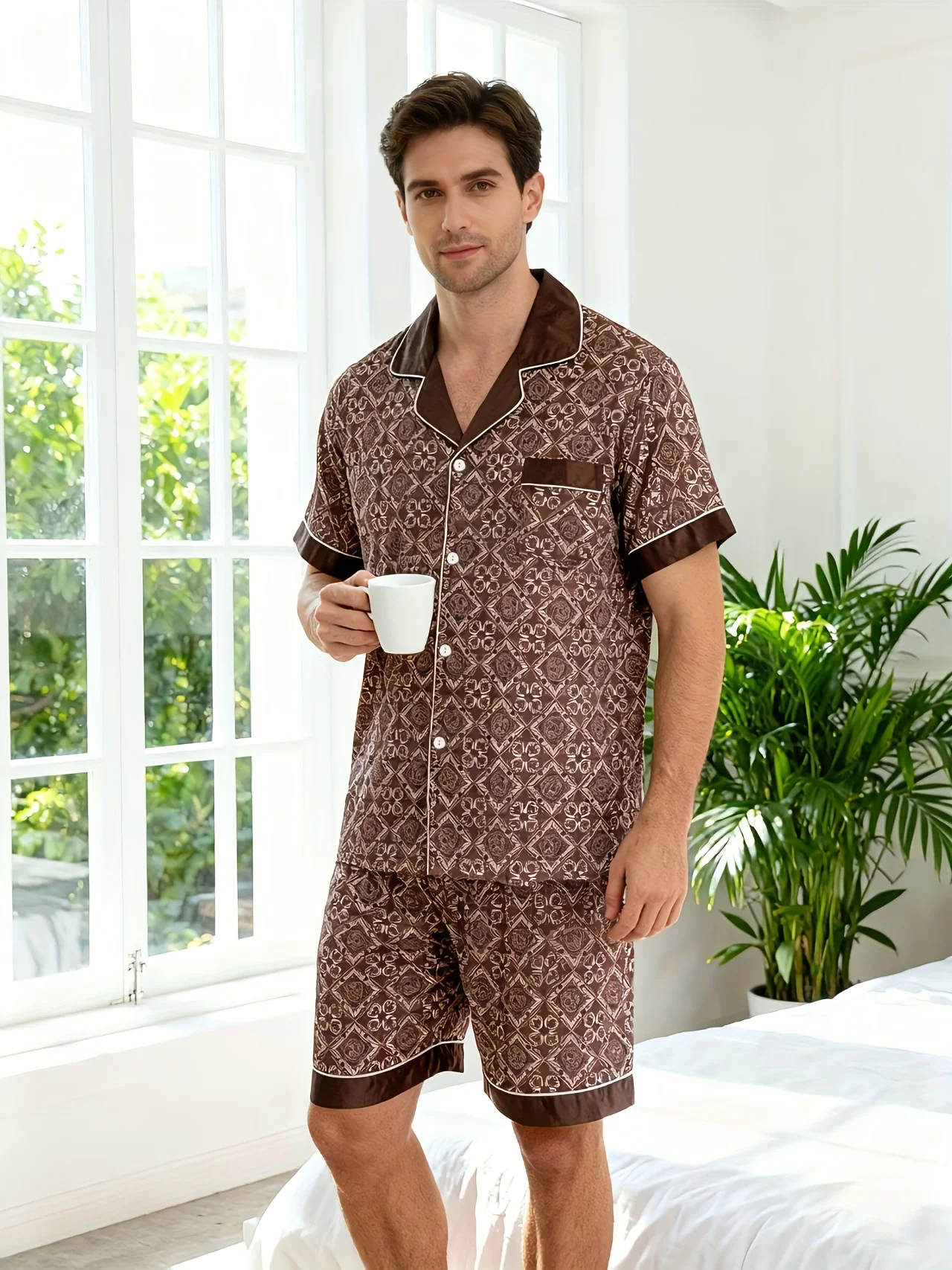 

Men's Casual Print Short-Sleeve Shirt and Elastic Shorts Set Print Silk Satin Nightwear Button Down Sleepwear Pajamas Set