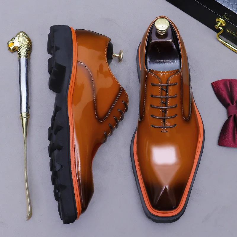 

Мужские лакированные оксфорды из кожи с градиентным эффектом цвета коньяк, низкие, для офиса и торжеств, на толстой подошве