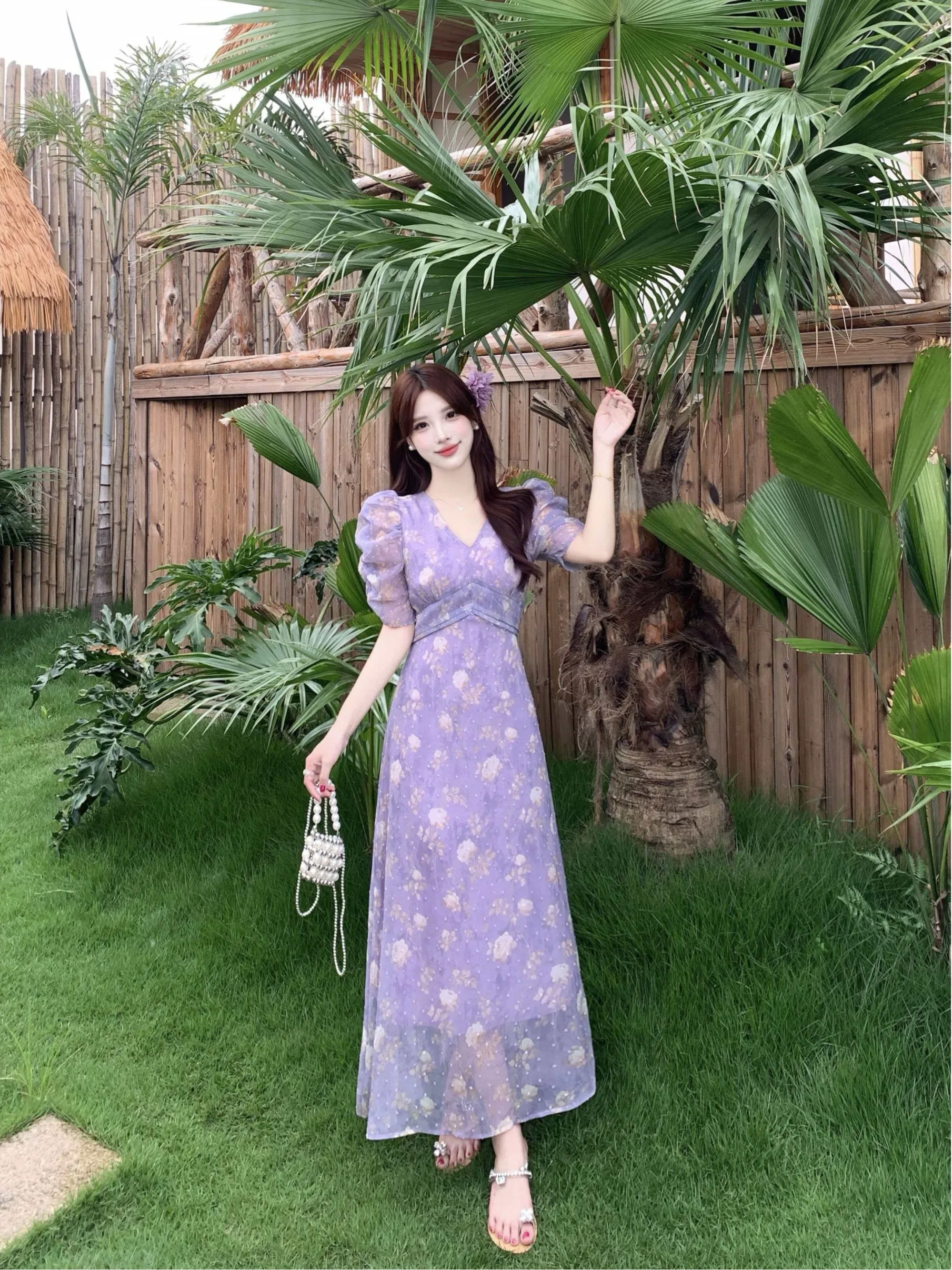 

plus Size Floral Print V-Neck Puffy Sleeve Dress Slimming A-Line Silhouette Summer Fashionable Women's Dress French Style