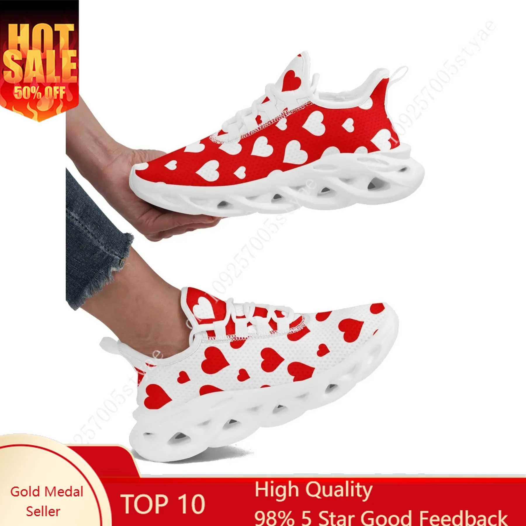 

Women's Heart Print Lace Up Low Top Sneakers, Casual Comfortable Breathable Lightweight Running Shoes, Fashionable All-match Sne