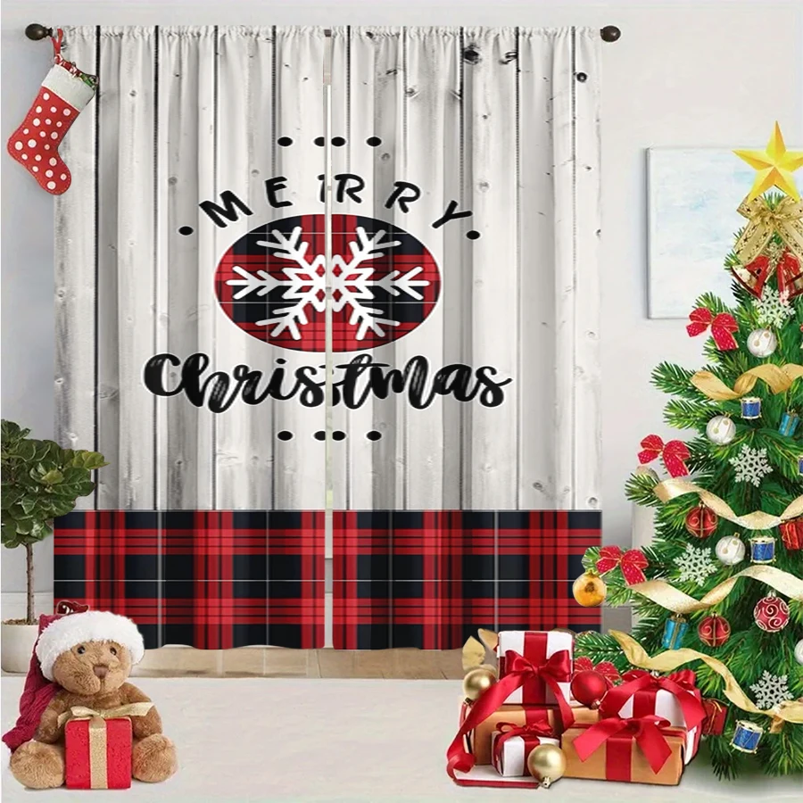 2PCS Digital Print Curtain, White Wood Merry Christmas with Red Plaid Snowflake, Buffalo Check Rustic, for Window Home Decor