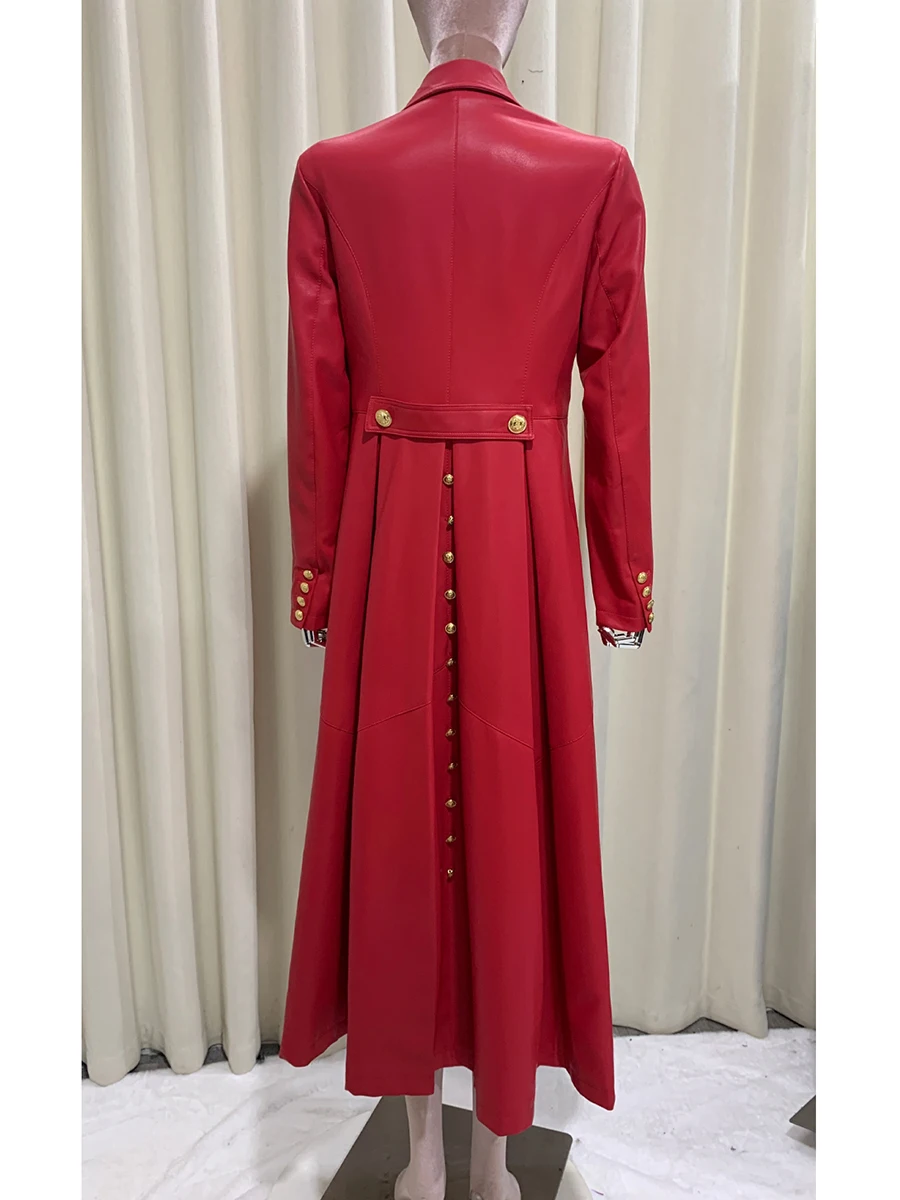 Automne Long rouge noir Pu cuir manteau pour femmes Double boutonnage élégant luxe Chic grande taille vêtements Faux cuir pardessus 2025