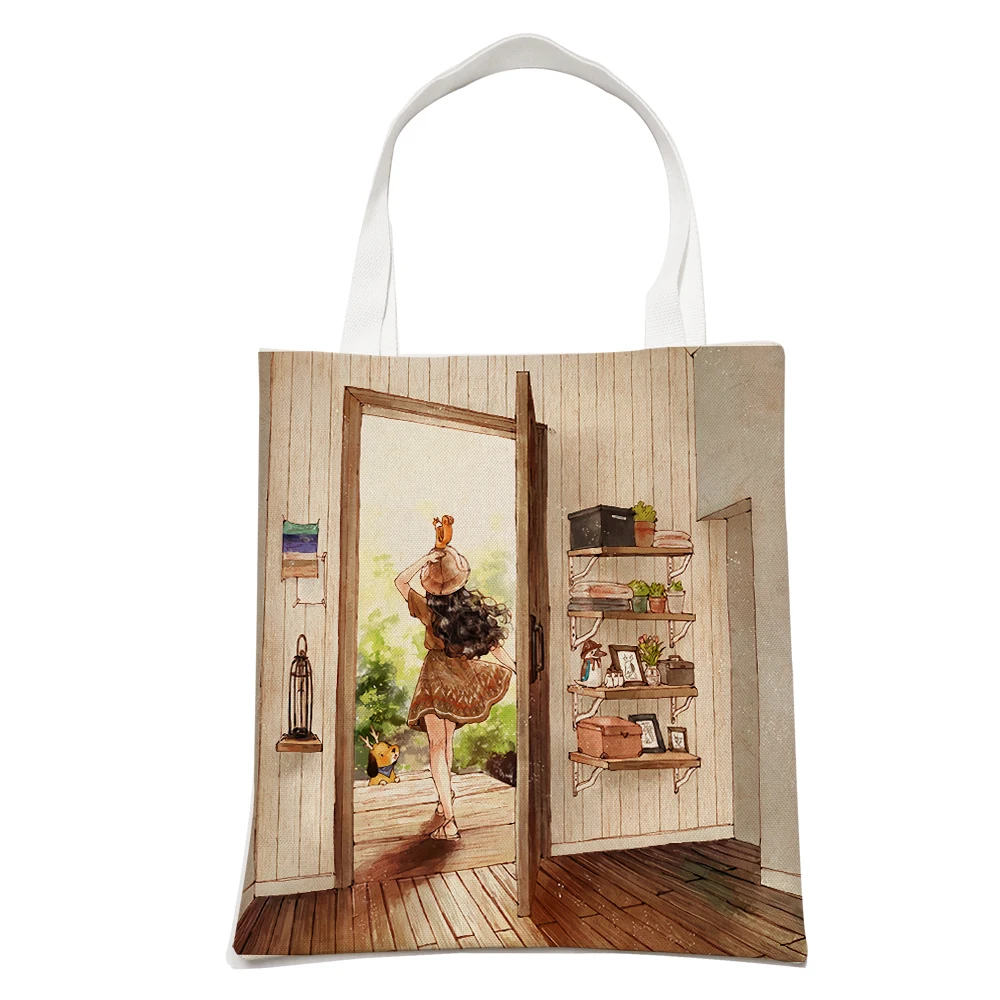 Bolso de hombro reutilizable con estampado de doble cara para mujer, bolso de mano de lona, informal, a la moda, con dibujos animados