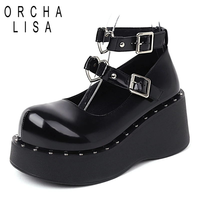

ORCHA LISA Дизайнерские туфли-лодочки для девочек с круглым носком на танкетке, высокий каблук 6,5 см, платформа с двойной пряжкой, ремни, большой размер 42, 43, повседневная школьная обувь