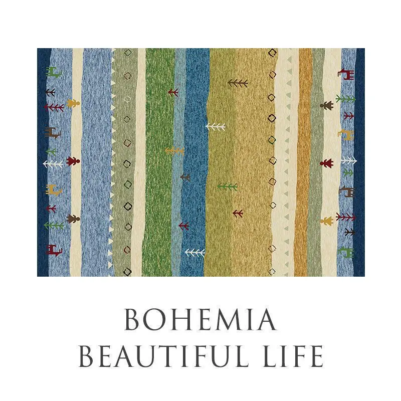 VIKAMA Boho Vertical Stripe Animal Totem Rectangle Floor Mat Anti Slip Dust Proof Bedroom Living Room Large Decor Rug Home Decor