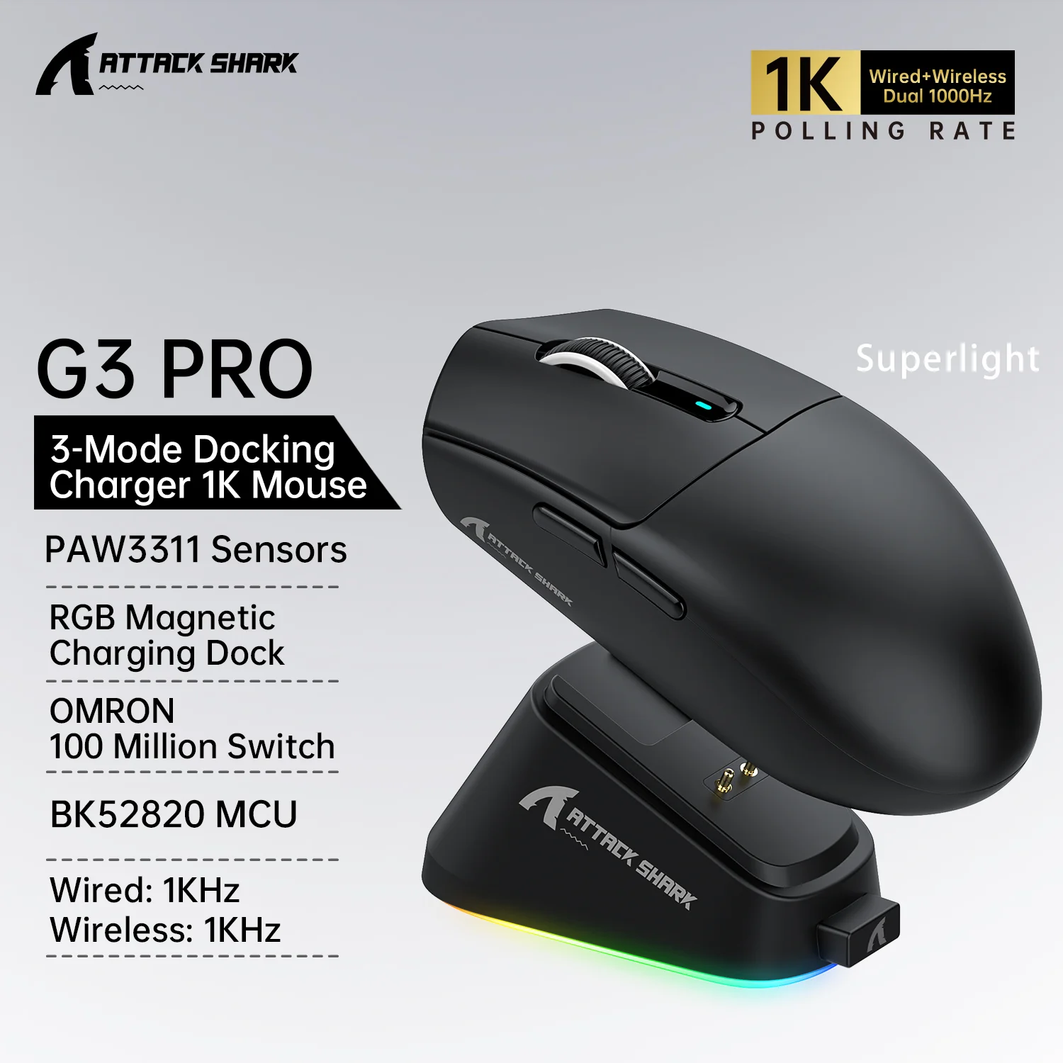 

Игровая мышь ATTACK SHARK G3PRO, беспроводная, 1 кГц, RGB, магнитная док-станция, 62 г, сверхлегкий датчик PAW3311, OMRON, 100 м щелчков, большой аккумулятор