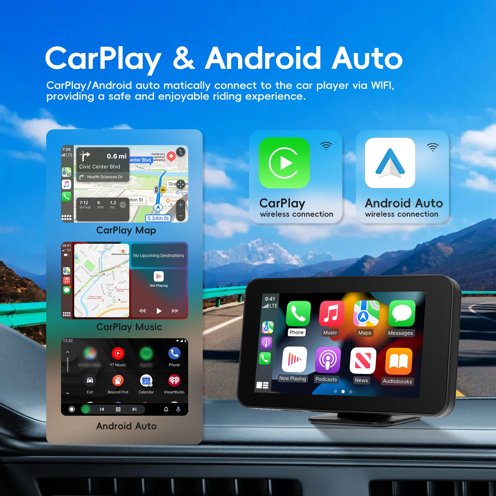 Podofo 4.7'' Car Monitor CarPlay Android Auto EQ Sound Dashboard Smart Screen Player AUX Airplay Android Cast Bluetooth FM AUX
