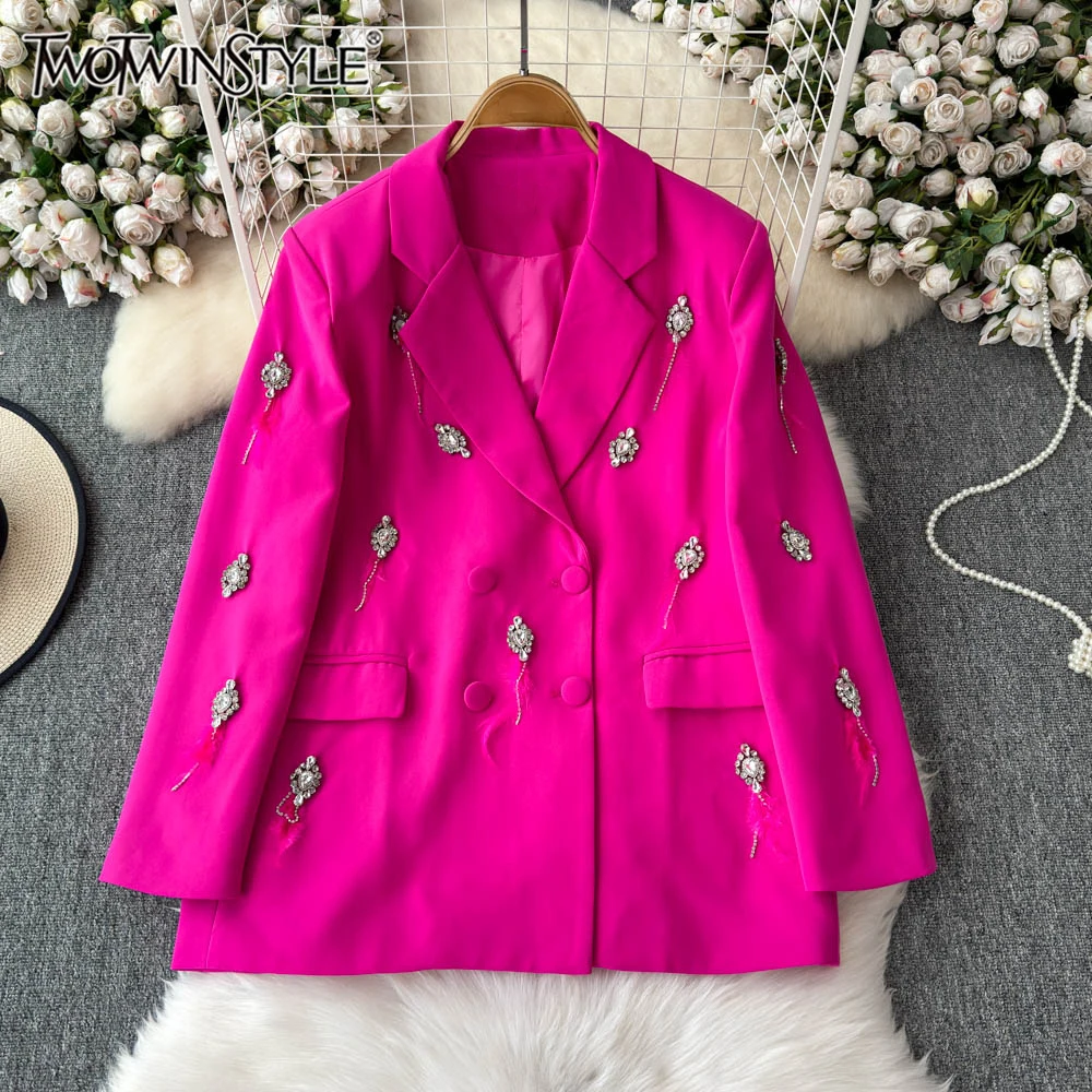 

TWOTWINSTYLE Solid Spliced Diamonds Loose Blazers For Women Notched Collar Long Sleeve Spliced Button Chic Coat Female KJA518063