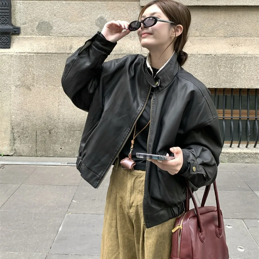 ملابس خارجية نسائية أنيقة أمريكية للدراجات النارية Sle Jaet Thiened من فراء الأرانب ملابس داخلية فضفاضة ودافئة ملابس خارجية طويلة بسحاب للإغلاق