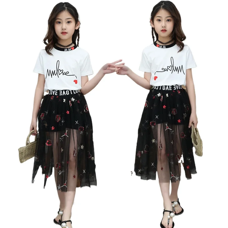 

Girls sets Summer kids clothes Boutique Letter T-Shirt Tops and lace embroidery skirt 2pc teens design Children clothing suits