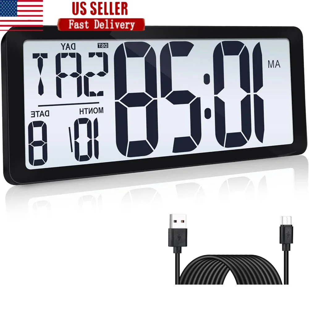 

Rechargeable Large Digital Wall Clock with Backlight Timer Date Day Display Ambient Light Sensor Indoor Outdoor Use