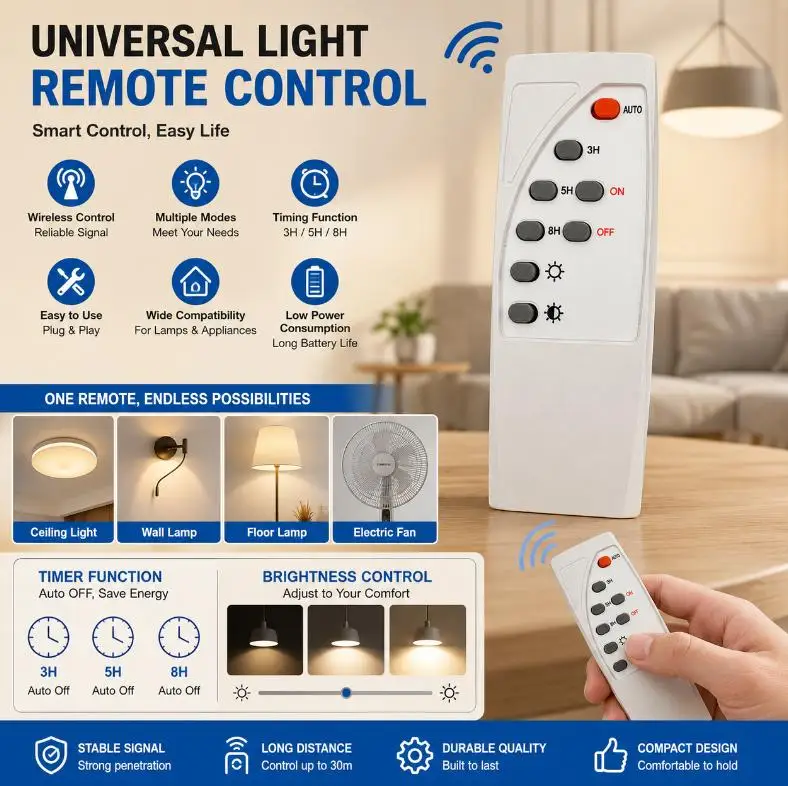 1Pcs Remote Control Light Switch Multiple Timing Options Stable Sensitive Easy Install for Home Bedroom Living Room Use