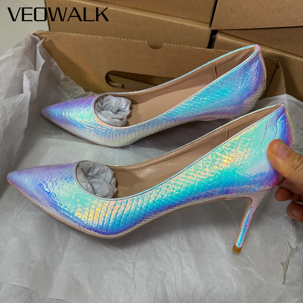 

Plus Size Designer Laser White Crocodile Effect Women Sexy Pointy Toe High Heel Shoes Ladies Slip On Party Dress Stiletto Pumps