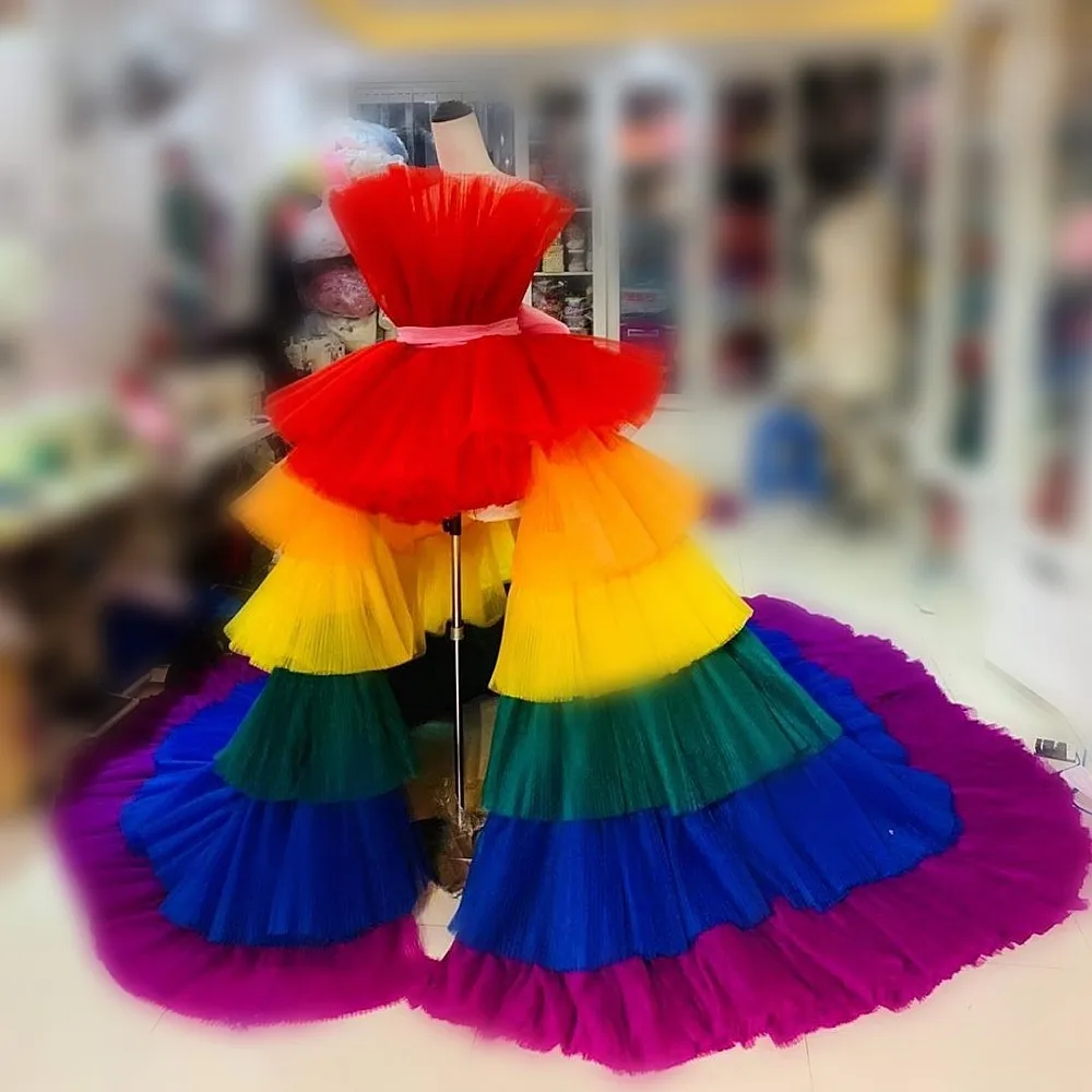 Arco-íris alta longa tule vestidos em camadas sem alças longo trem vestidos de princesa formal aniversário usar vestidos de noiva