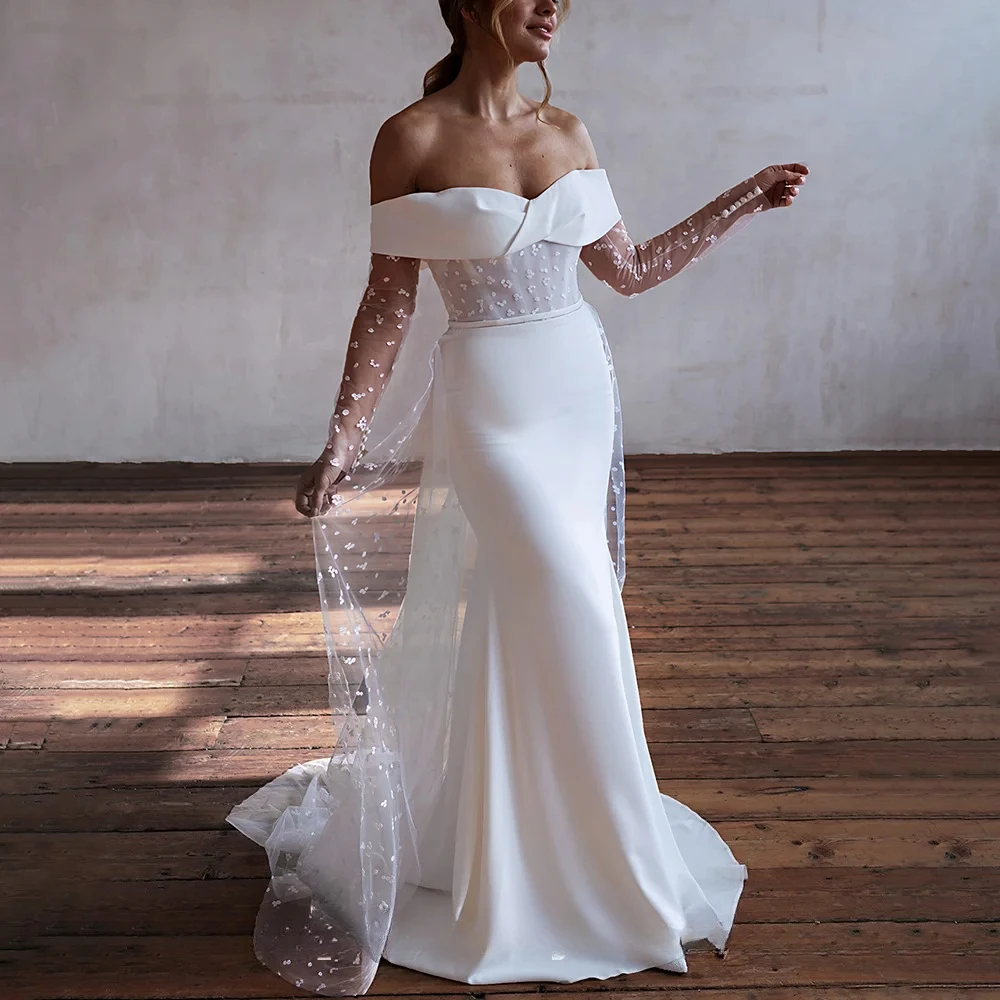 Romantic Satin Off-the-Shoulder Long Sleeve Mermaid Wedding Dresses with Illusion Floral Bodice Button Back Customized