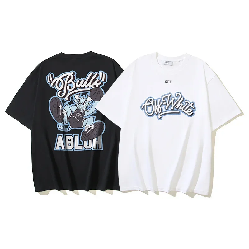 2023 Summer New Trendy OW Bull Basketball NBA Short Sleeves T-Shirt Loose Fit Plus Size For Men And Women Couple Casual Scene