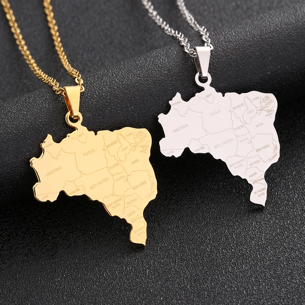 Brazil Map With City Pendant Necklace Stainless Steel For Women Men Gold Silver Color Charm Fashion Brasil Maps Jewelry Gifts