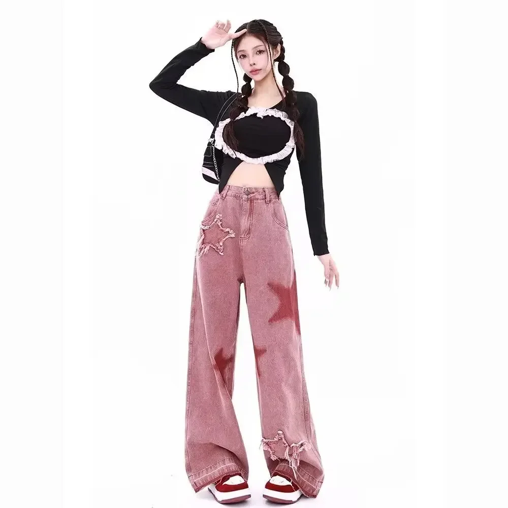 

Y2k Street Cargo Pants Women Loose Five-point Star Patchwork Female Jeans 2023 Autumn Winter Retro Lady Denim Wide Leg Trousers