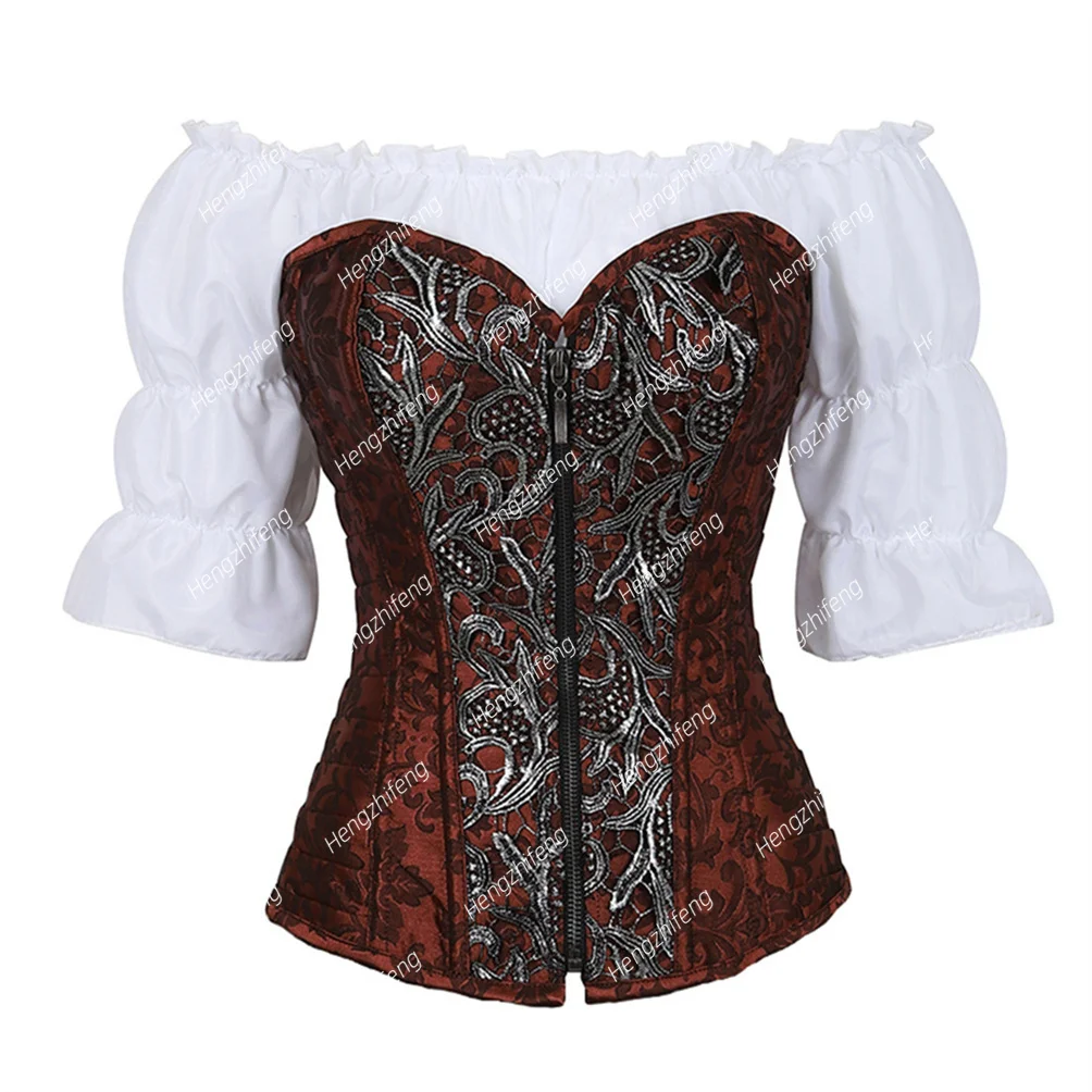 Steampunk Corset Bustier 2 Piece Brocade Sexy Gothic Punk Zip Leather Corsets with Blouse Set Burlesque Pirate Costume Plus Size