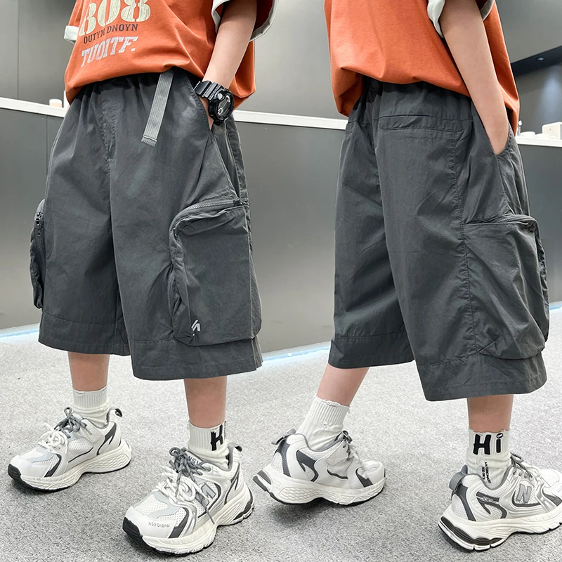 

New Summer Kids Child Cropped Capris Cargo Shorts with Side Pocket for Teen Boy Loose Straight Mid Calf Length Pants Age 5-14 Y