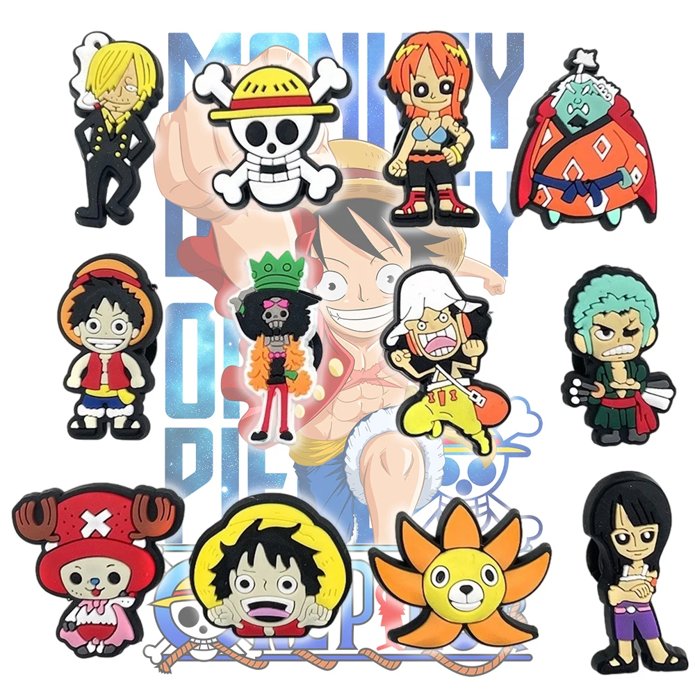 12pcs One Piece Shoe Charms Decoration Anime Luffy Buckle Cartoon PVC Garden Shoes Sandals Accessories Kids Party Gifts