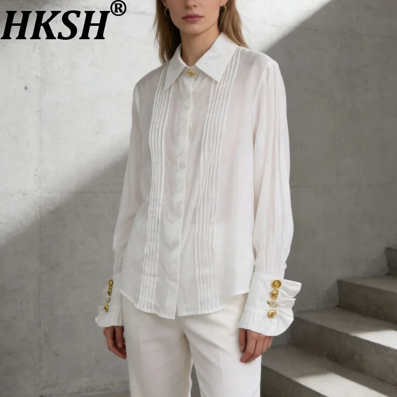 

HKSH Women Shirt Turn-down Collar Long Sleeve Pleated Metal Buttoned Elegant Ins Blouse Urban High-end Top Spring Summer HK21905