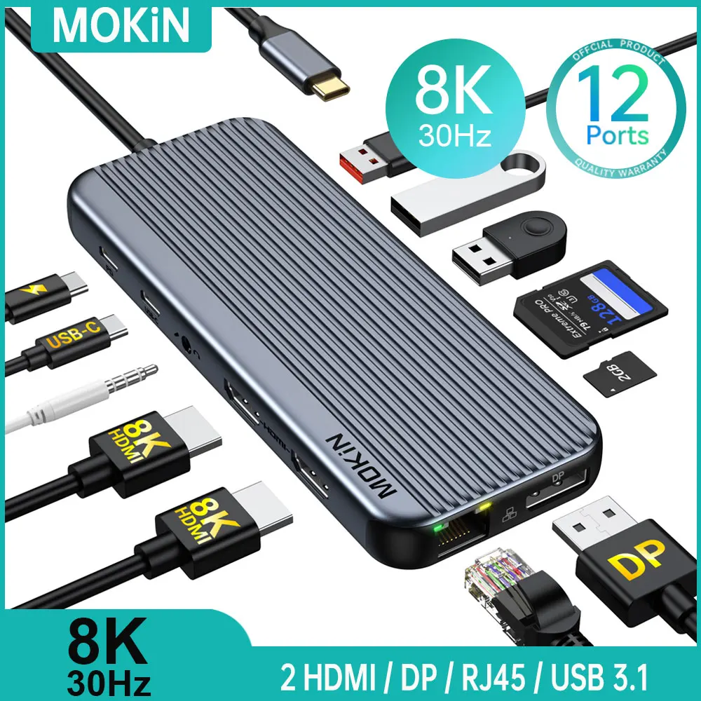 

MOKiN 8K 12 in 1 USB C Hub Multiport Triple Display Docking Station HDMI,DP,USB 3.1,RJ45,Audio,PD 100W Adapter,For MacBook Mac