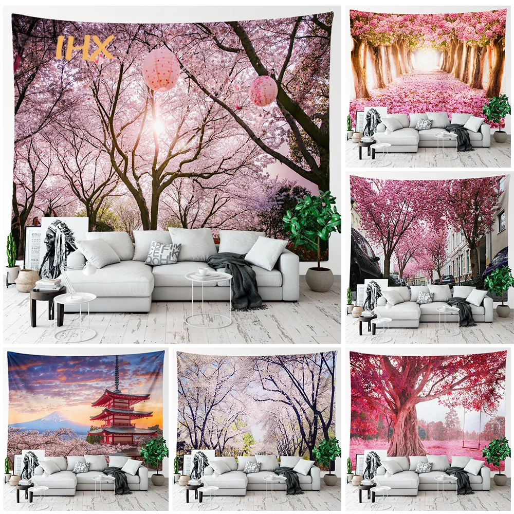 Sakura Tree Tapestry Wall Hanging Room Decor Natural Landscape  Mountain Forest Wall Tapestry Bedroom Home Decoration Aesthetics