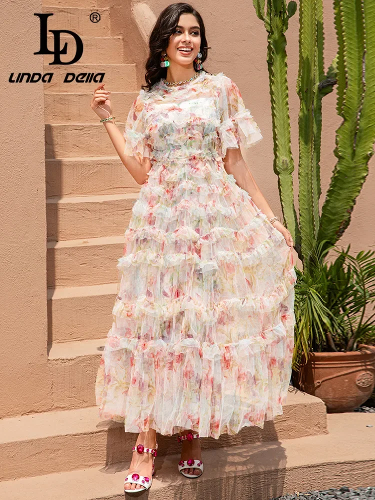 

LD LINDA DELLA Fashion Designer Summer Dress Women's Short sleeve Ruffles Floral print Mesh Vacation Long Dress Vestidos